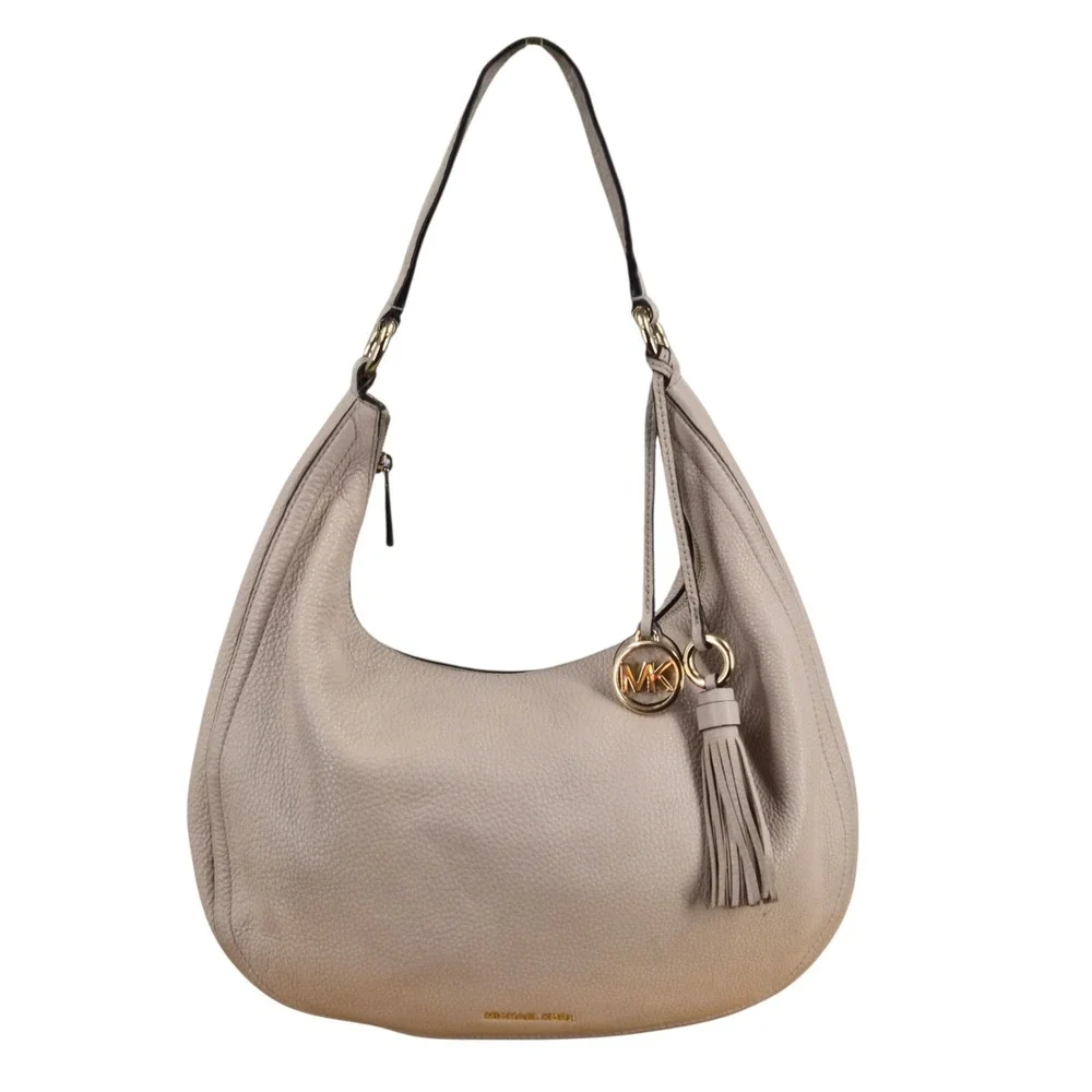 Michael Kors Bedford Large Pebbled Leather Hobo Bag Taupe Gold Hardware Tassel - Picture 1 of 9